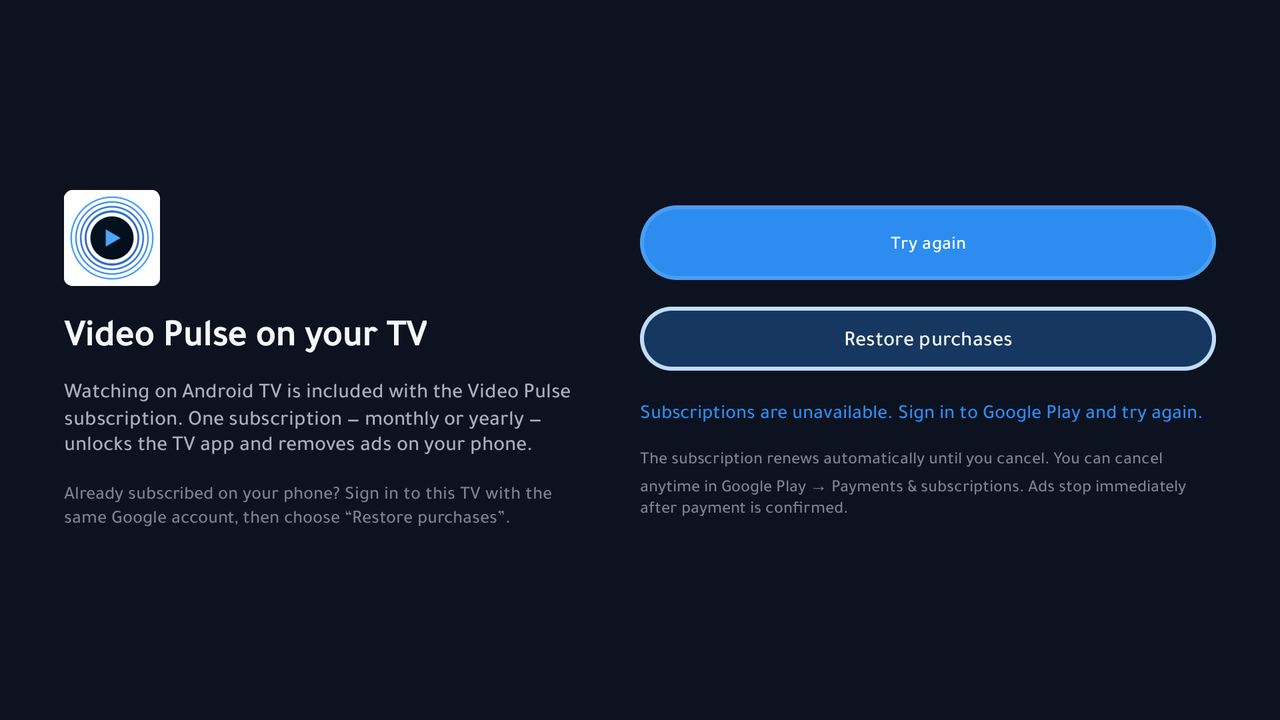 Video Pulse subscription screen on Android TV